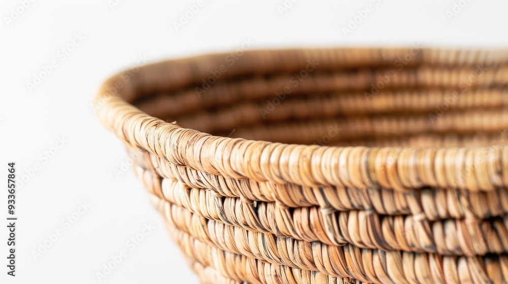 Poster closeup of empty wicker basket showing weaving on white background