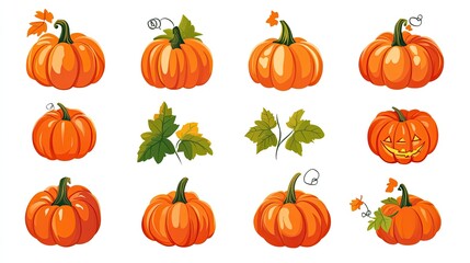 A set of cartoon pumpkin icons with orange and red shades, featuring green leaves and stems. Perfect for autumn, Halloween, or Thanksgiving graphics.