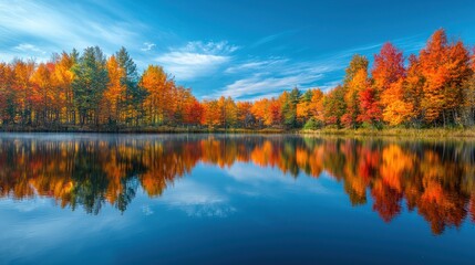 Fototapeta premium Tranquil Autumn Beauty: Colorful Fall Foliage Mirrored in Serene Lake