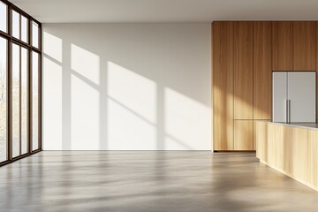 Fototapeta premium An interior of a home kitchen with a wooden cabinet and refrigerator and a concrete floor