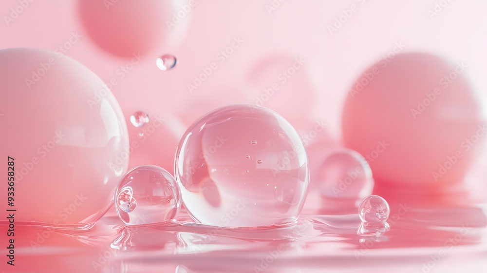 Poster Translucent bubbles float gracefully in soft pink background, creating serene and calming atmosphere. 