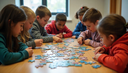Fototapeta premium Children Solving Puzzle Together at School
