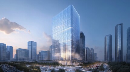 Obraz premium An illuminated cityscape at dusk with modern office buildings.