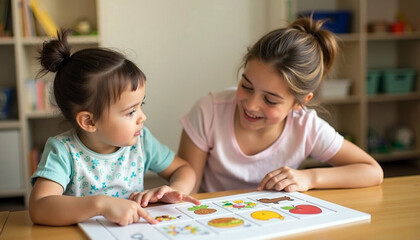 Fototapeta premium Older Sister Helping Younger Sister with Learning 