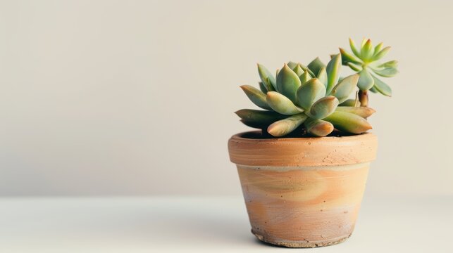 Green echeveria succulent plant growing in terracotta pot on white table