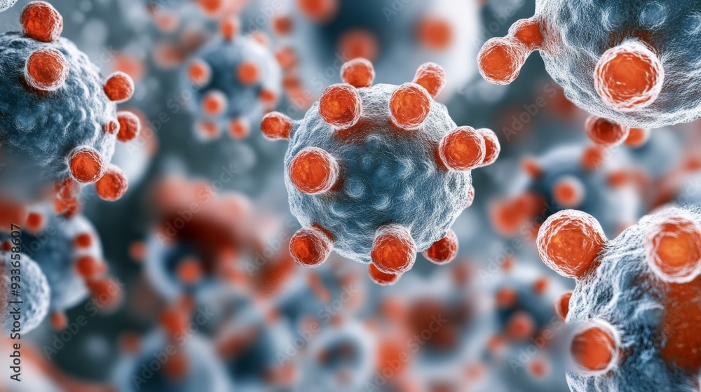 Poster close-up view of virus particles, showcasing their intricate structures and colors, ideal for scienc