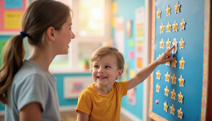 Teacher Rewarding Student with Star Stickers
