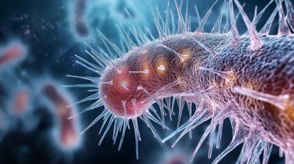 Close-up view of a colorful bacteria with spiky structures, showcasing intricate details in a microscopic environment.