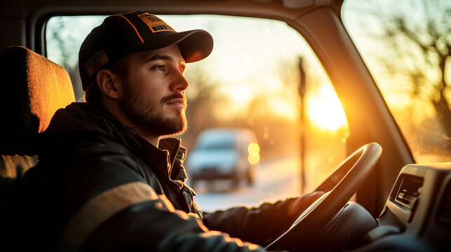 A truck driver in a black baseball cap smiles as he drives his semi-truck at sunset.