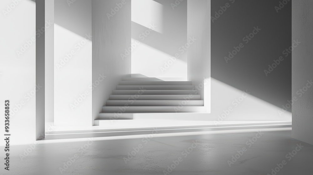 Poster minimalist interior with white walls and stairs, creating serene atmosphere with soft light and shad