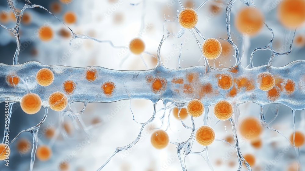 Poster close-up of a network of cells and structures, showcasing vibrant orange elements on a translucent b
