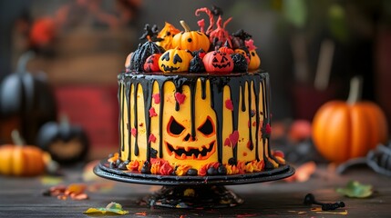 Vibrant Halloween Cake with Spooky Accents Centerpiece
