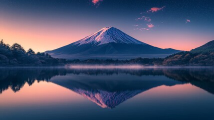 14. The Mount Fuji in Japan, adorned with pink and silver bioluminescent patterns at twilight. Reflections in a nearby lake create a serene atmosphere. Realistic, fantasy style