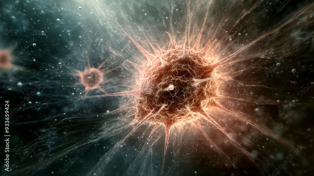 Poster an abstract representation of a cell or microbe, showcasing intricate structures and vibrant colors,