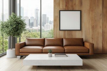 Fototapeta premium An interior shot of a living room with a sofa and coffee table, a shelf, and a panoramic window