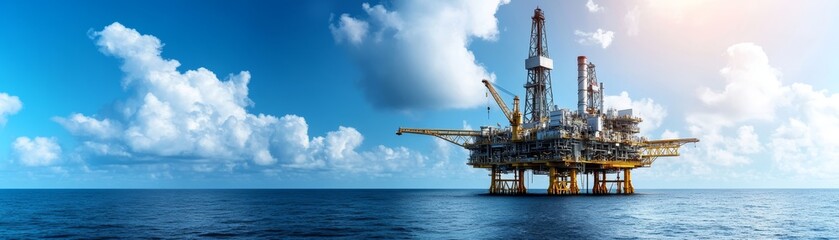 A stunning offshore oil rig placed against a clear blue sky, surrounded by calm ocean waters, capturing the essence of energy production.