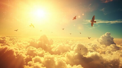 Naklejka premium A breathtaking sunset illuminates sky, with birds soaring gracefully among clouds, evoking sense of freedom and tranquility. 