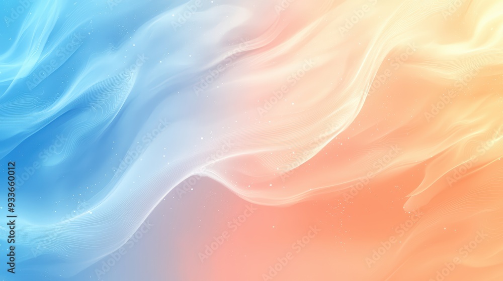 Poster soft waves of blue and orange blend seamlessly, creating calming and ethereal atmosphere. gentle flo