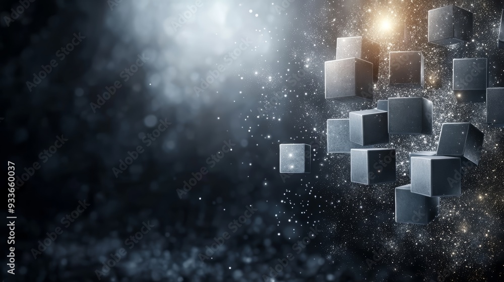 Poster Abstract digital cubes floating in a luminous space with sparkling particles, creating a futuristic and mystical atmosphere.