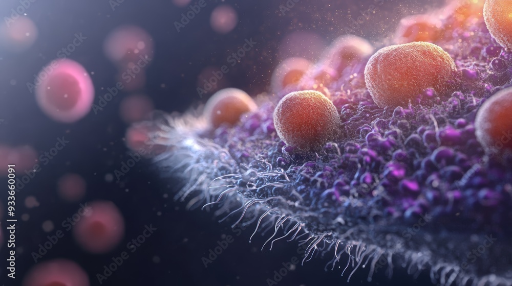 Poster close-up view of vibrant microorganisms on a surface, showcasing intricate details and textures in a