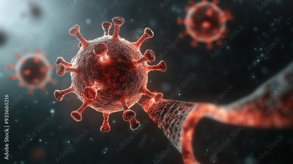Poster close-up view of a virus particle with spikes, showcasing intricate structures and details under a s