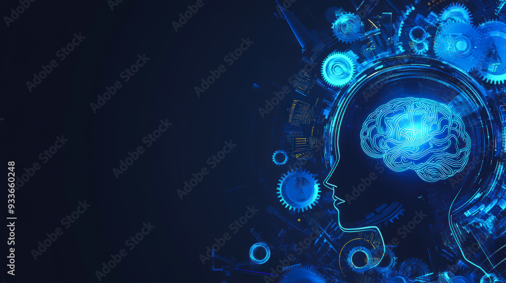 Poster a digital illustration showing a human profile with gears and circuits, representing artificial inte