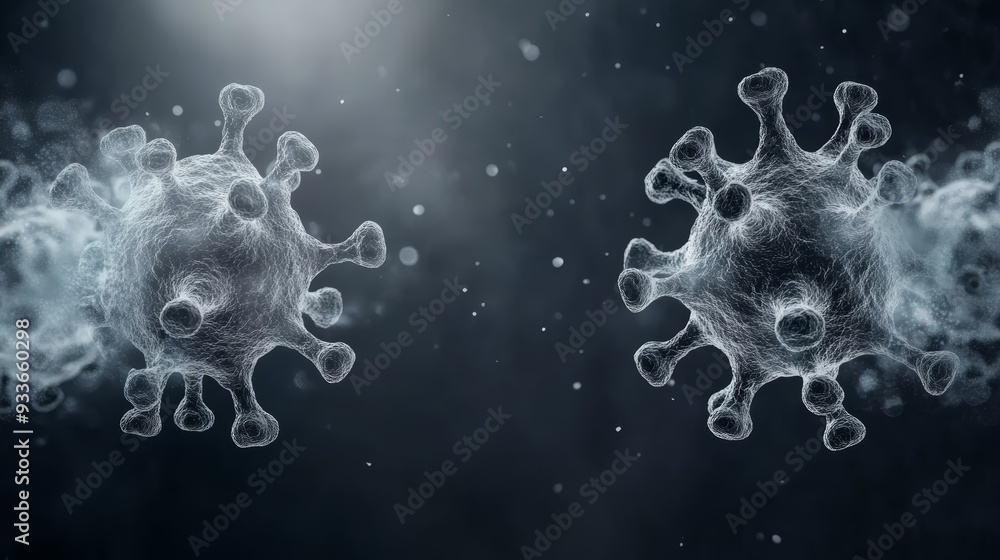 Poster close-up of microscopic virus particles in a dark background, highlighting the intricate structure o