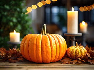 Orange pumpkin as decor, Cozy fall home atmosphere.
