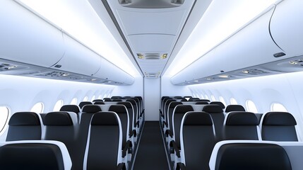 Fototapeta premium Empty airplane cabin with rows of black and white seats.