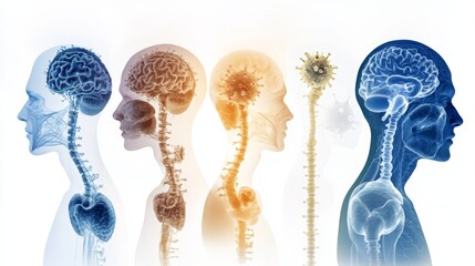 Stylized illustration of human anatomy showcasing brain, spine, and cervical structures in various colors.