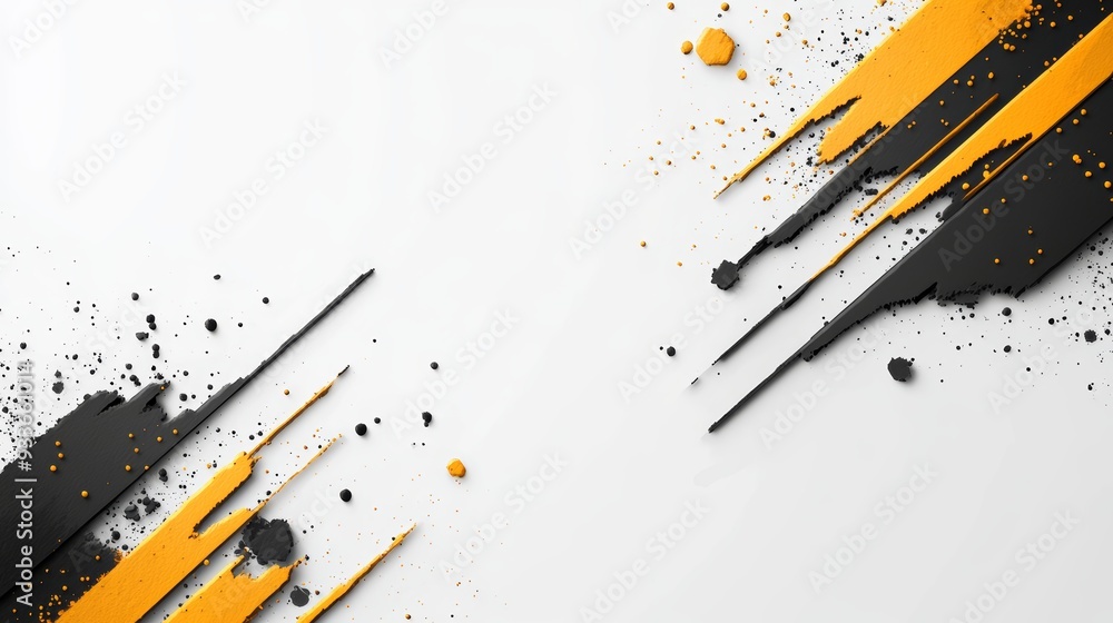 Poster abstract splashes of black and yellow paint on a white background, creating a dynamic and modern art