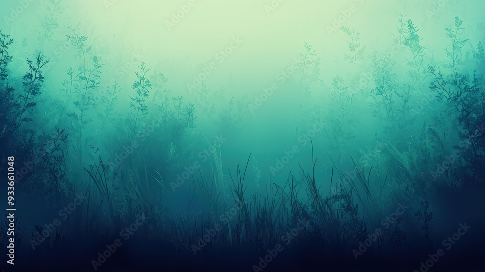 Poster mysterious fog envelops lush greenery, creating serene and tranquil atmosphere. soft hues evoke sens
