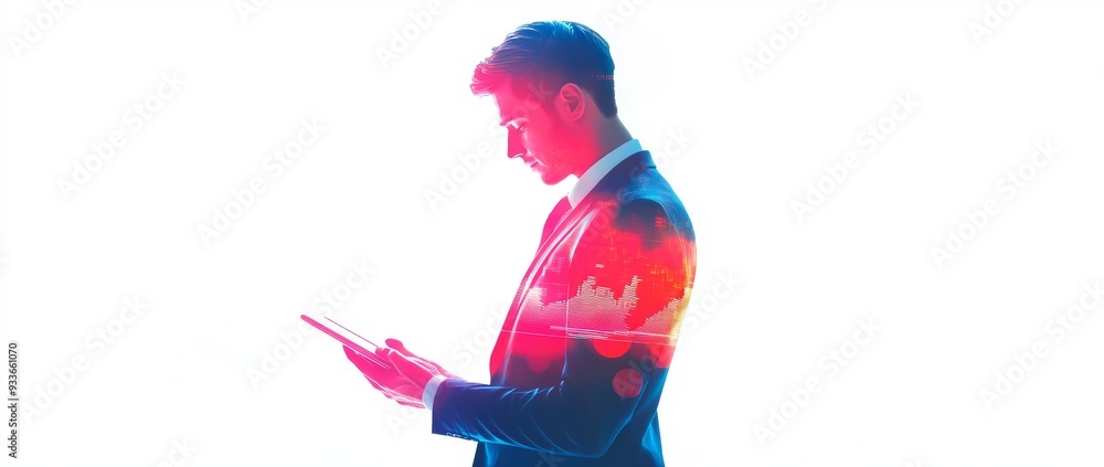 Poster this ai generative illustration shows a businessman using a phone and data center.