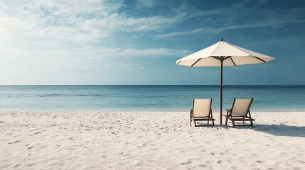 Elegant minimalism with a beach umbrella and two chairs set on a smooth expanse of white sand, creating a calm and inviting coastal atmosphere.