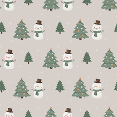 Seamless vector pattern with funny snowmen and Christmas trees. Winter seamless background in flat cartoon style.