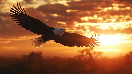 Naklejka premium Sunset Soars with Majestic Eagle in Flight, Embracing the Golden Hour's Warmth, Wildlife and Nature's Splendor in a Realistic Animal Geographical Image