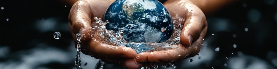 Fototapeta premium Earth Day Concept: Hand Holding Water Drop and Globe. Sustainable Energy and Environmental Protection Illustration. AI-Generated Minimalist Design for Eco-Friendly Campaigns, UI, Posters, and High-Res