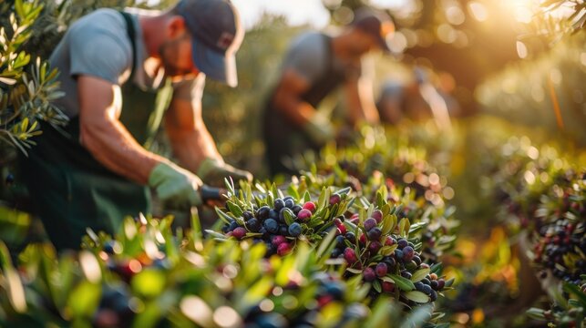 Workers gathering olives using handheld rakes in a sunny orchard