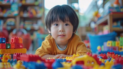 Young Asian boy playing with toys in a playroom