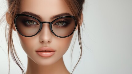 Fototapeta premium A woman with glasses and a nice smile. She is wearing a black frame