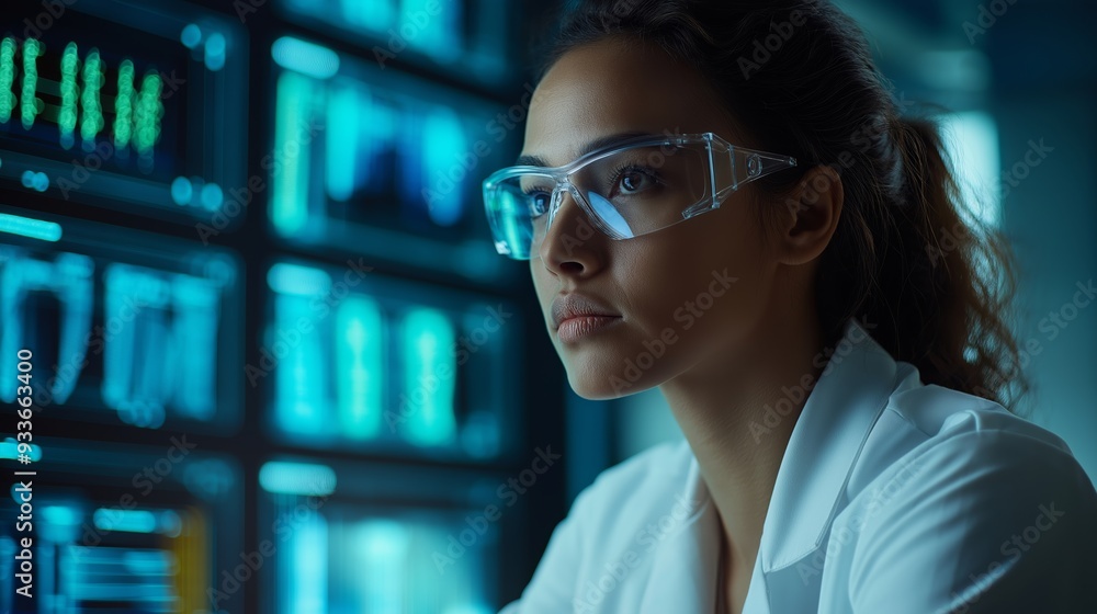 Aufkleber a woman wearing glasses is looking at a computer screen with a lot of numbers and graphs. she is foc
