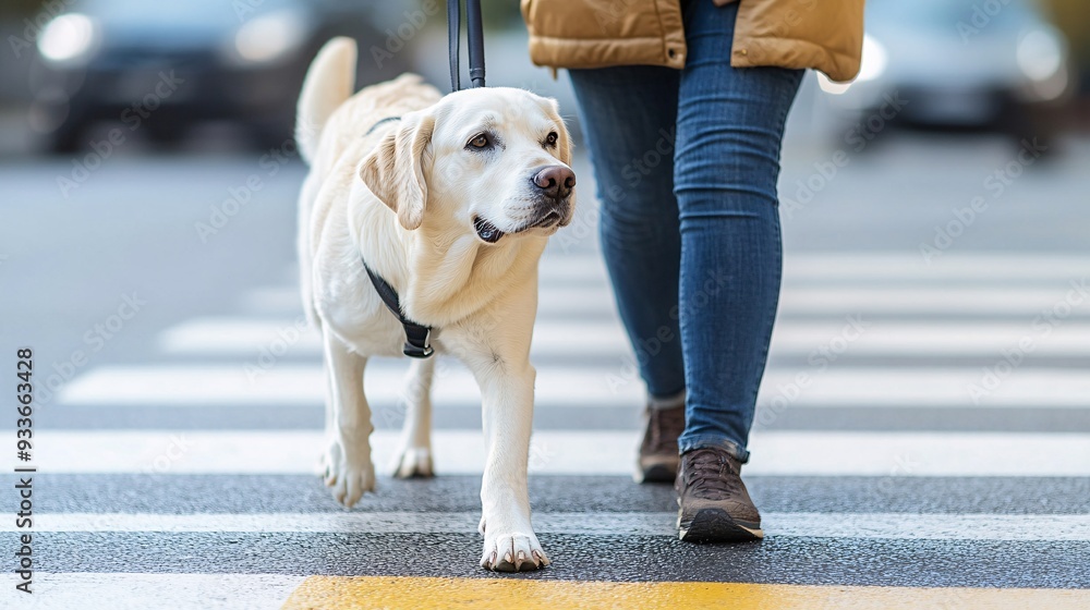 Poster a visually impaired person confidently crossing a busy intersection with the guidance of a service d