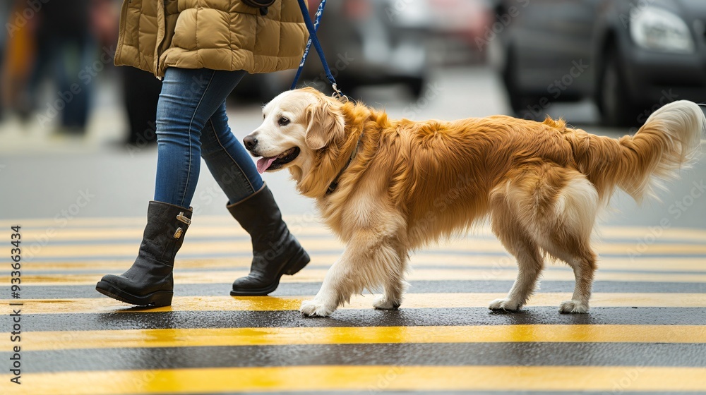 Poster A visually impaired person confidently crossing a busy intersection with the guidance of a service dog by their side showcasing the independence and safety the dog provides Stock Photo with copy space