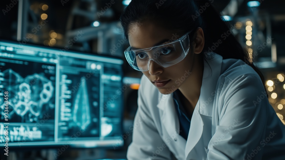 Aufkleber a woman wearing a lab coat and goggles is looking at a computer monitor displaying a 3d image of a c