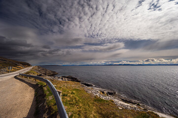 snowy landscape along the road from the island of Mageroya to Alta, Norway