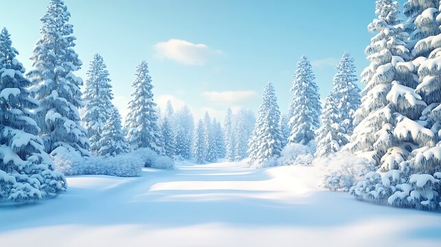 Winter Wonderland - Hyper-Realistic 3D Cartoon Snowy Landscape with Snow-Covered Trees, Abstract Background, Front View, 20mm Lens