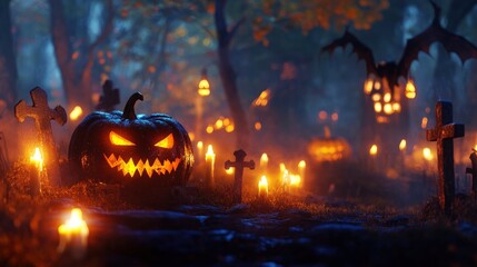 Halloween background with pumpkins, candles and cemetery. 3d render. Halloween background with Evil Pumpkin.with generative ai