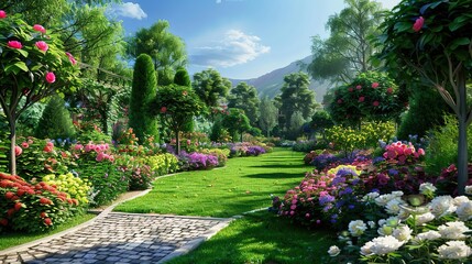 3D Illustration of a Beautiful Garden with Stone Pathway