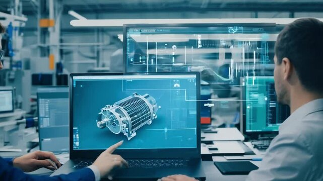 A factory workers female mechanical engineer designs a 3D engine on her personal computer,