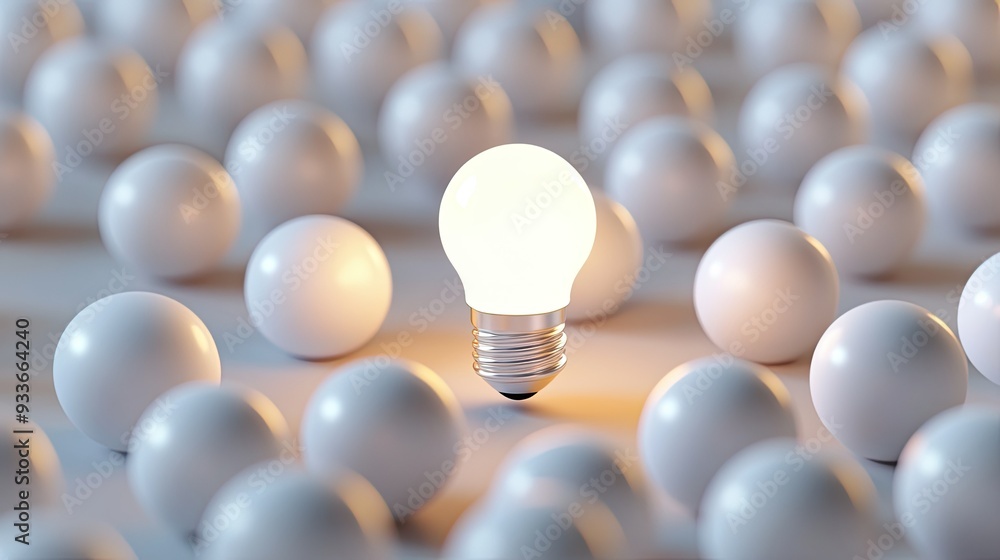 Poster glowing light bulb highlighted among many white background bulbs in a 3d rendering, with space for a